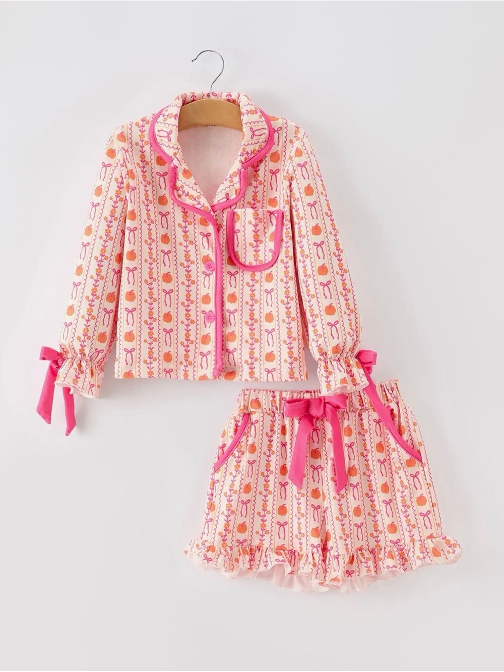 Girls Pink Floral Stripe Two-Piece Pajama Set with Bow Trim